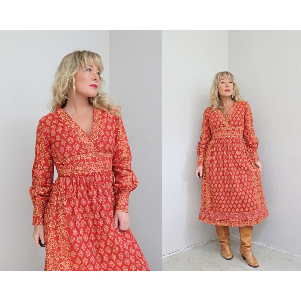 1970's Vintage Indian Imported Batik Cotton Block Print Dress ~ Women's XS SM